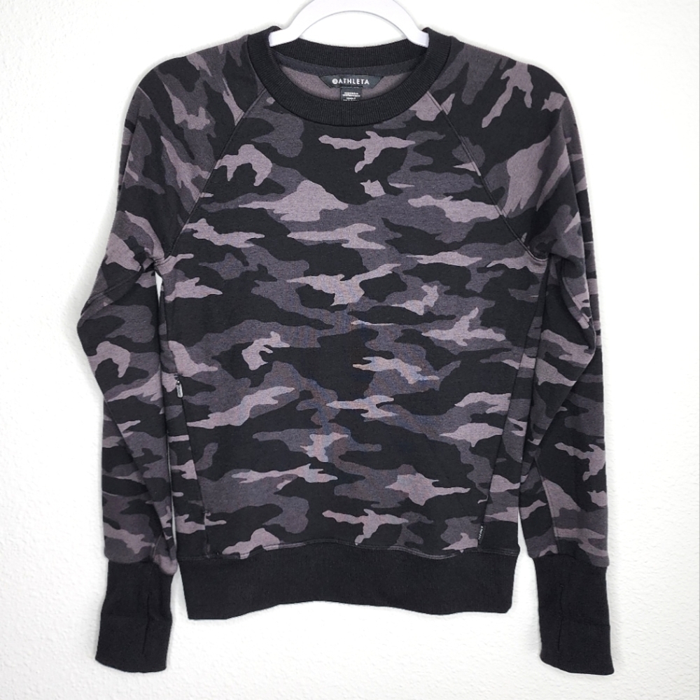 Athleta Triumph Camo Crewneck Sweatshirt Thumb Holes Black Gray XXS